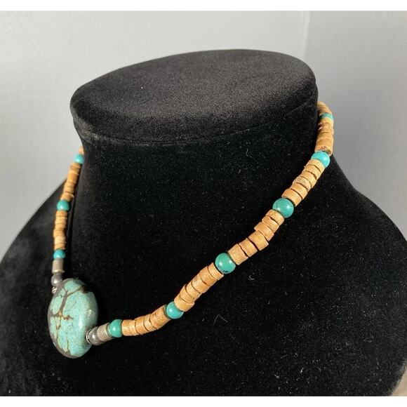 Vintage Tibetan Turquoise & Coconut Shell Collar Necklace Silver Clasp 15.5” - Picture 4 of 11